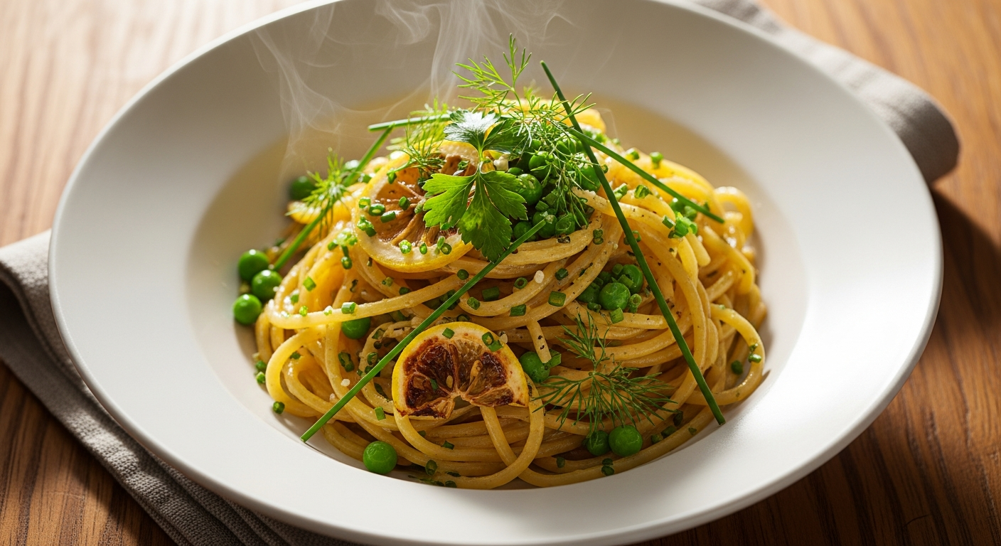 A simple spring dinner of pasta with peas, lemon, and fresh herbs on a white plate