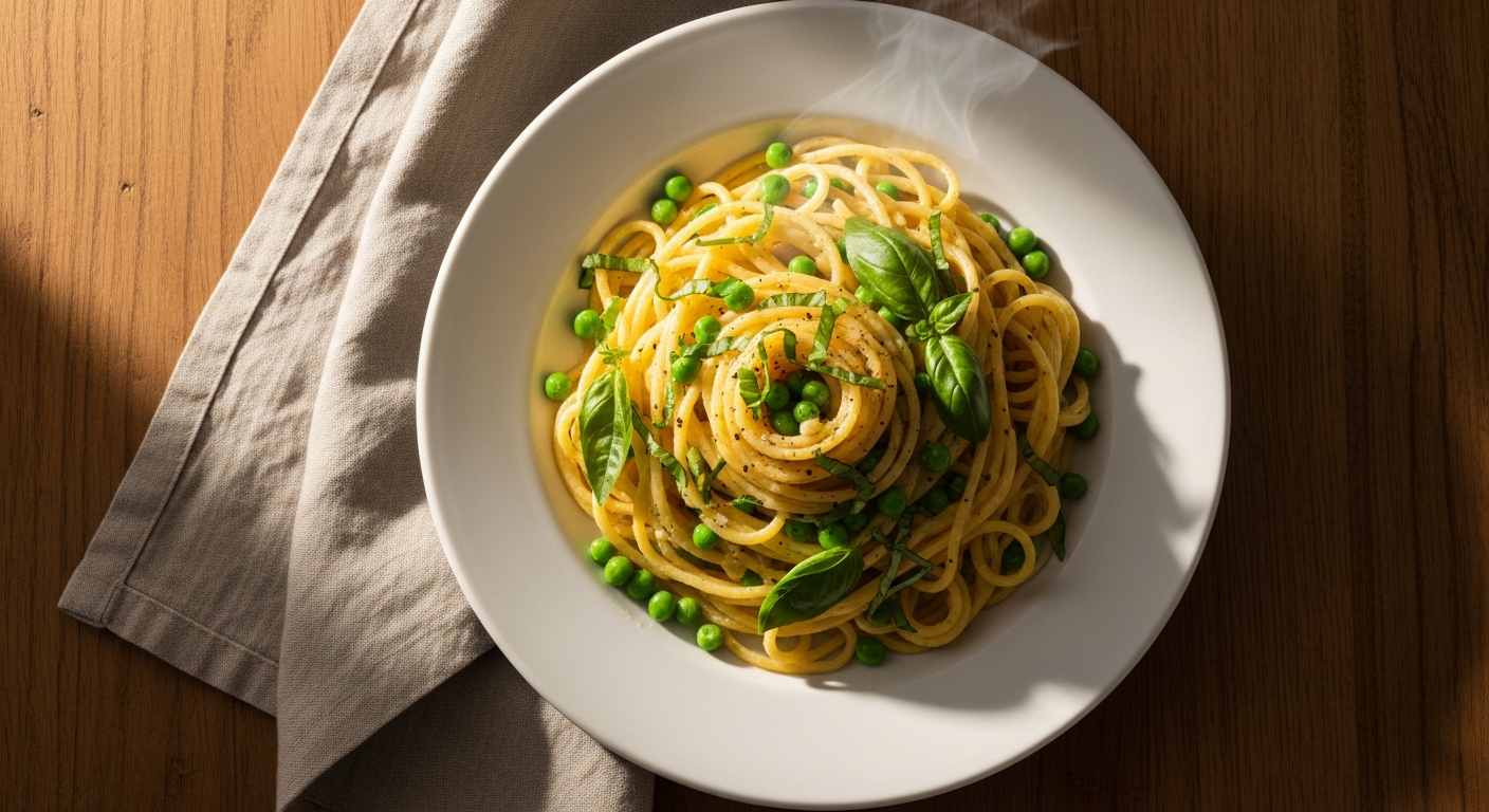 A simple bowl of pasta with fresh spring peas, lemon zest, and torn herbs on a worn wooden table