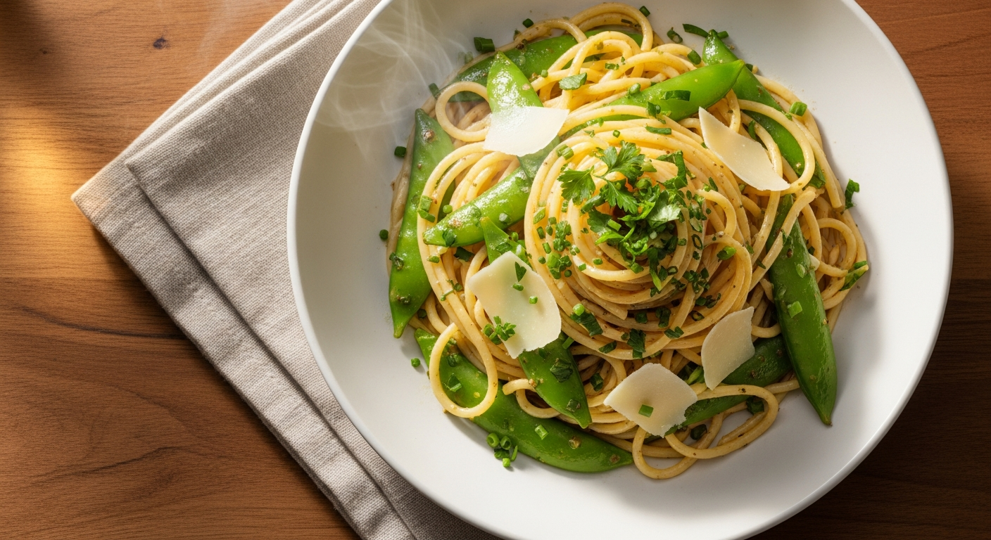 A simple spring dinner plate with herbed pasta, snap peas, and shaved parmesan in warm evening light