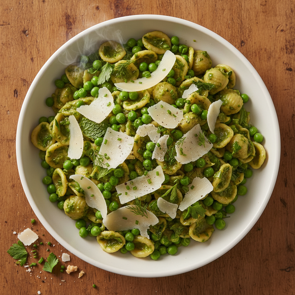A simple spring pasta with snap peas, fresh herbs, and parmesan in a warm-lit kitchen setting