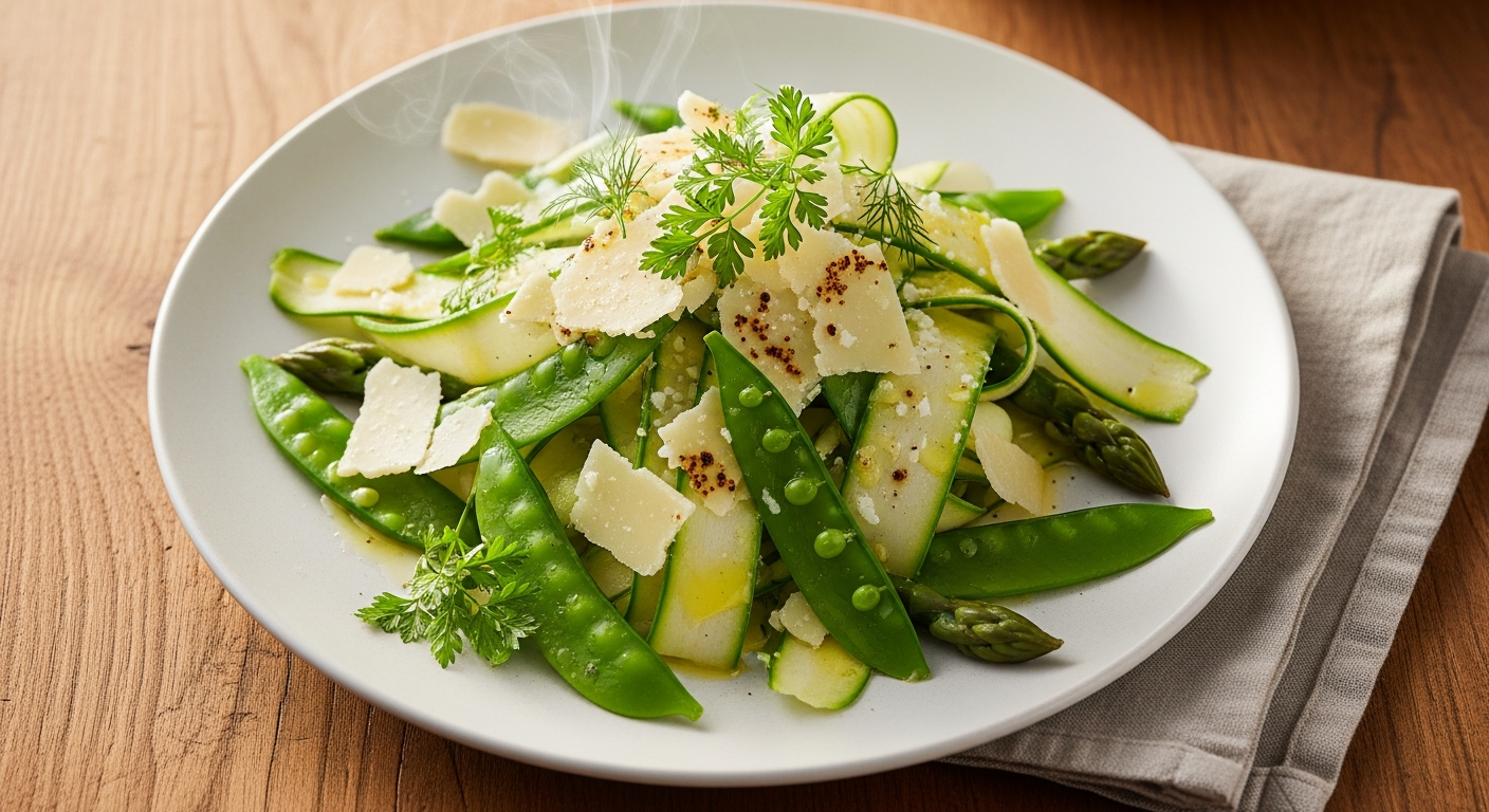 A bright spring bowl of shaved asparagus and snap pea salad with lemon vinaigrette and shaved parmesan