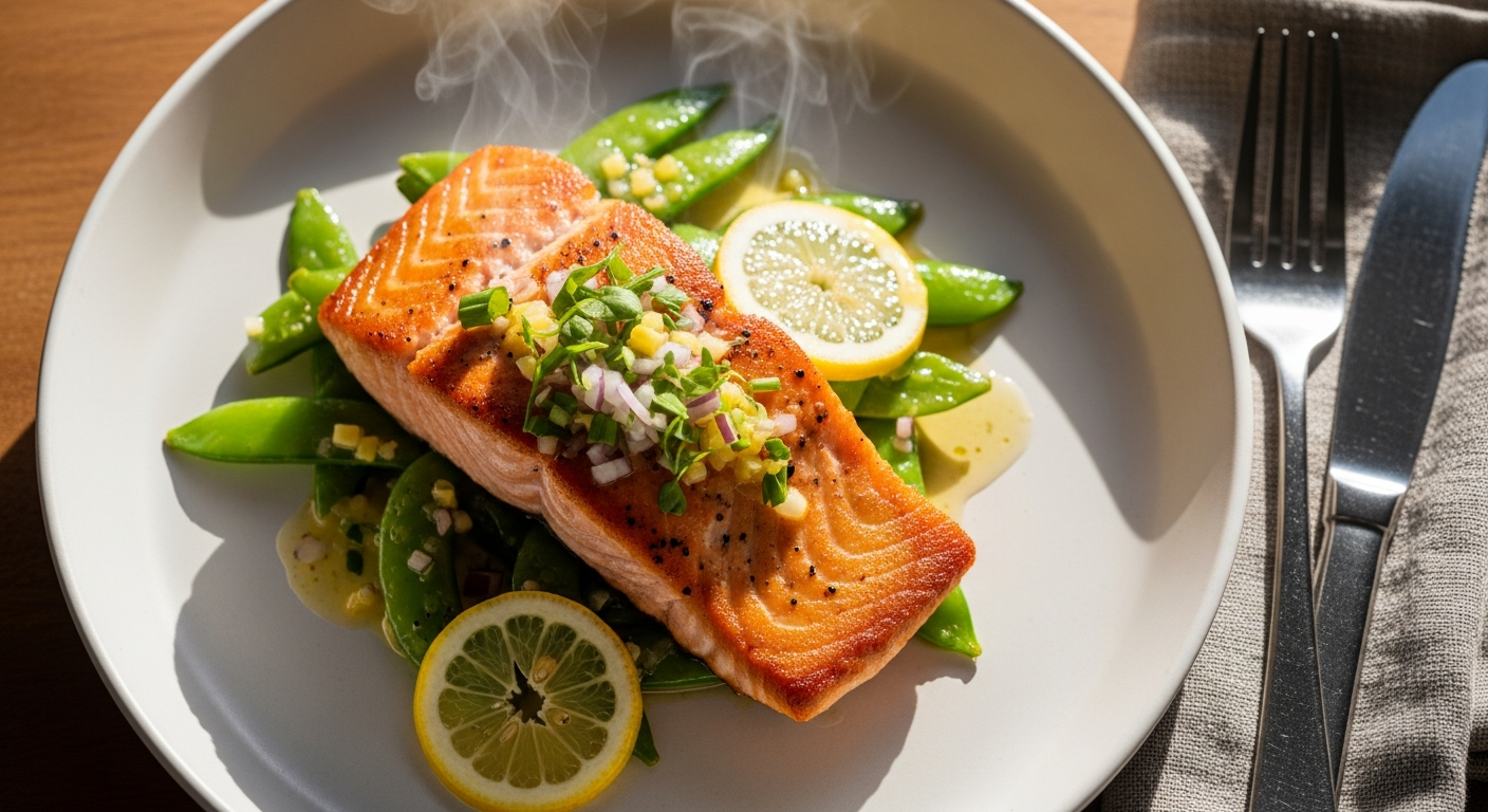 Grilled asparagus and snap peas with charred lemon halves on a simple white plate