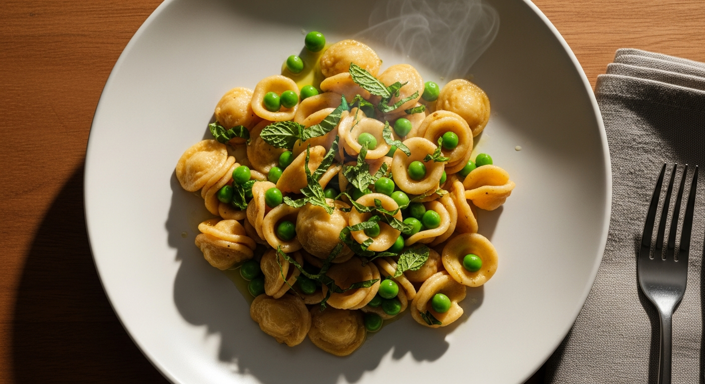 A bowl of light spring pea pasta with fresh herbs and lemon on a sunlit table