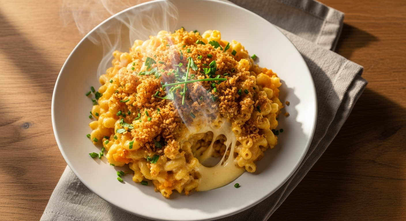 A toddler-friendly plate with buttered penne pasta, sliced strawberries, and sugar snap peas on a colorful plate