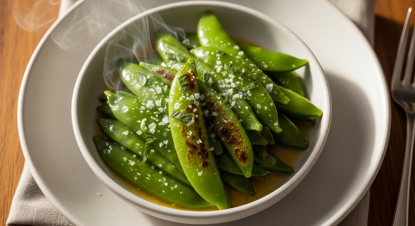 A small bowl of sautéed snap peas with butter and a sprinkle of flaky salt on a kitchen table